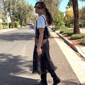 LOFT Black Skirt w/ Lace Trim & Floral Appliqué